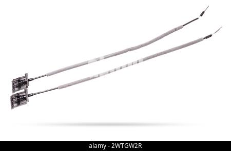 Door lock cable from inside handle on a white isolated background during repair and replacement in a vehicle service workshop. Spare parts catalog. Stock Photo