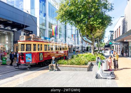 Vintage tram passing through Cashel Street, Christchurch Central, Christchurch, Canterbury, New Zealand Stock Photo