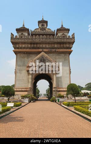 This monument Patuxai (The victory gate of Vientiane) is a famous landmark in Laos capital city Vientiane. Stock Photo