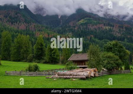 A wooden fence in front of a forest house with mountains and trees in San Candido, South Tyrol, Italy. Stock Photo