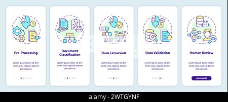 Document processing stages onboarding mobile app screen Stock Vector