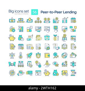 Peer-to-peer lending blue RGB color icons set Stock Vector