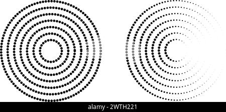 Set of circular ripple icons. Concentric circles with whole and broken dotted lines. Vortex, sonar wave, soundwave, sunburst, signal signs isolated on Stock Vector