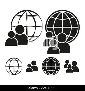 Global community icons set. Diverse people and world symbols. International collaboration concept. Vector illustration. EPS 10. Stock Vector