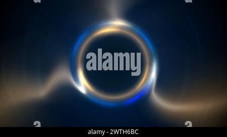Golden blue circular light frame on dark background. Shining light ring. Glowing gold circle. Stage backdrop. Abstract background displaying product Stock Vector