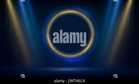 Blue golden spotlight backdrop. Stage with golden blue circular lighting background. Light fluorescent ring on dark backdrop. Round frame. Glowing gol Stock Vector