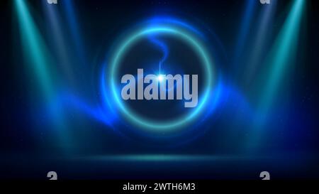 Blue spotlight backdrop. Science experiment. Stage, blue cyan circular lighting background, ball lightning. Fluorescent ring, dark backdrop. Glowing Stock Vector