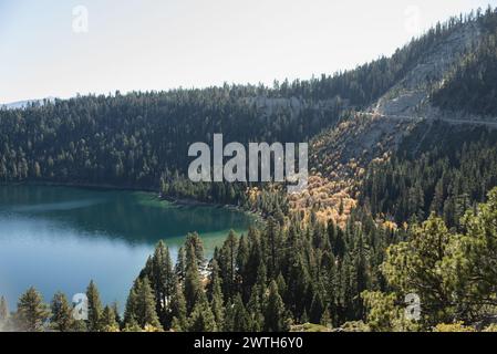 Landscape view of Emerald Bay and mountainous road for a scenic drive Stock Photo