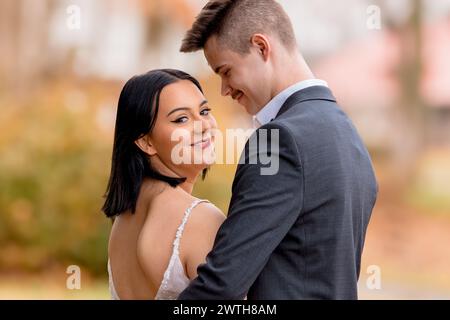 Close up of a bride looking into the camera over her shoulder Stock Photo