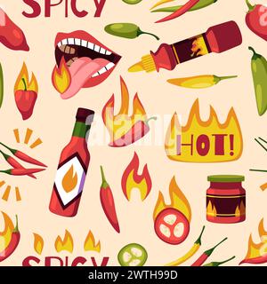 Hot pepper seamless pattern. Repeated chilli elements, mexican spicy sauce bottle, burning mouth, jalapeno, paprika. Wallpaper and textile, wrapping Stock Vector