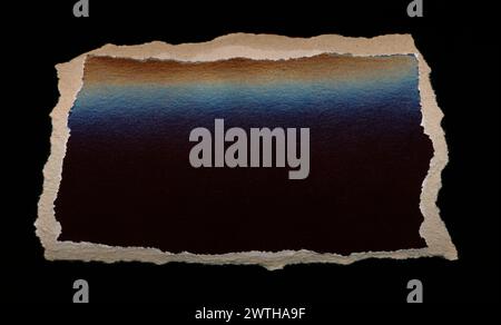 Torn piece of dark paper, background for banner. Blank paper piece message, reminder, sign, tag, label. Ripped cardboard empty background. Design Stock Photo
