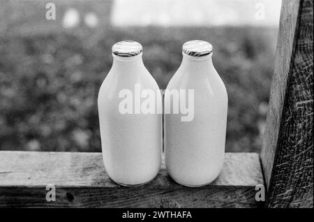Milk bottles, Medstead, Alton , Hampshire, England, United Kingdom. Stock Photo