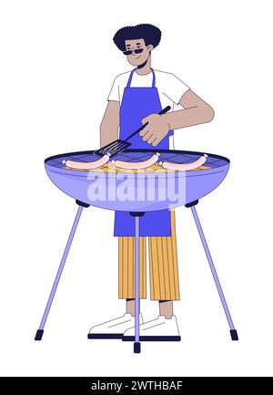 Latin american man cooking barbeque 2D linear cartoon character Stock Vector