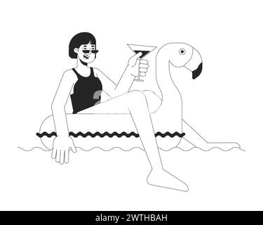 Happy woman on inflatable flamingo black and white 2D line cartoon character Stock Vector