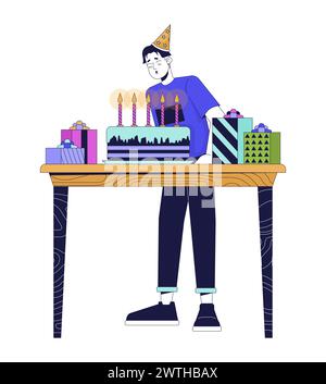 Asian guy blowing birthday candles 2D linear cartoon character Stock Vector