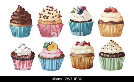 Set of different cupcakes watercolor clip art. Stock Vector