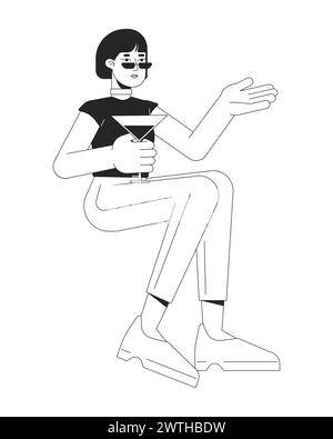 Asian woman with cocktail glass black and white 2D line cartoon character Stock Vector