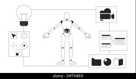 Video game character designing 2D linear illustration concept Stock Vector