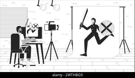 Video game development black and white line illustration Stock Vector