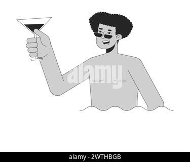 Man holding cocktail on pool black and white 2D line cartoon character Stock Vector