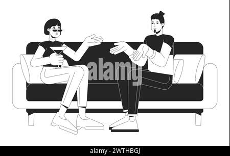 Young couple talking on sofa black and white 2D line cartoon characters Stock Vector