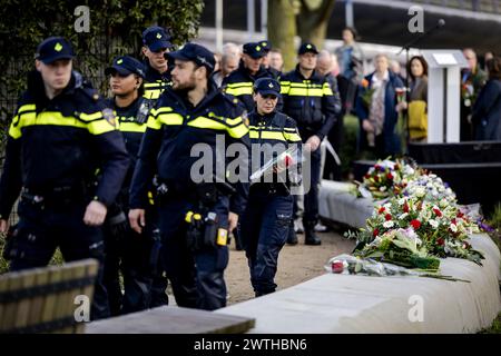 UTRECHT - Emergency workers lay flowers during the commemoration of the tram attack of March 18, 2019. Four people were killed and several people were injured when Gökmen T. opened fire in and around an express tram on 24 Oktoberplein. The commemoration will take place annually for the last time, from now on it will be commemorated every five years. ANP ROBIN VAN LONKHUIJSEN netherlands out - belgium out Stock Photo