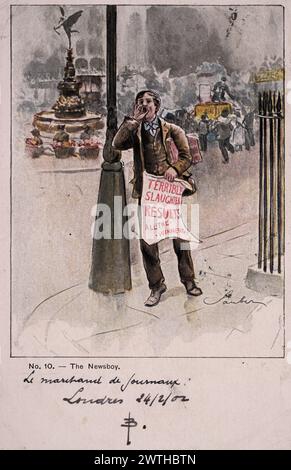 Edwardian British postcard, Newsboy or news boy shouting the headline, Familiar Figures of London, Robert Sauber, 1900s Stock Photo