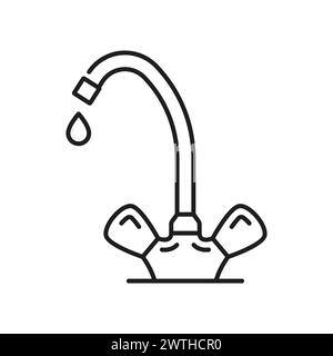 Tap kitchen and bathroom compression faucet thin line icon. Home bath sink faucet, kitchen water mixer or house bathtub modern tap vector symbol. Toilet watertap outline pictogram with dripping water Stock Vector