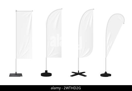 Realistic beach flags or banner stands, blank mockups of outdoor advertising, isolated vector. White beach flags, feather, bow or teardrop and rectangle banner stands on poles for promotion display Stock Vector