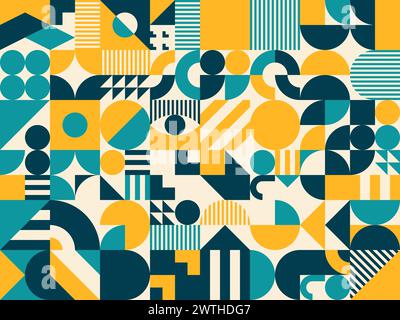 Yellow, turquoise, blue and beige geometric pattern, abstract modern background. Vector tile, features elements with clean lines, bold shapes and a harmonious color palette, creating dynamic aesthetic Stock Vector