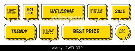 Memphis speech bubbles isolated vector set. Yellow dialog and chat clouds featuring bold lines and grunge typography words. Like, hot deal, trendy, new or welcome. Hello, best price sale and ok Stock Vector