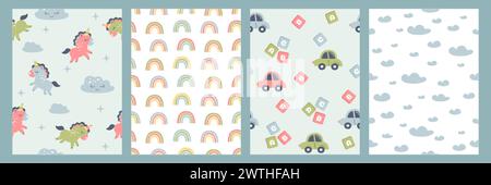 Bohemian baby simple seamless pattern. Hand drawn boho nursery design with clouds, rainbow, cute unicorn, toy car, abc cubes, starry sky for kids bedroom in scandinavian style. Childish wall art print Stock Vector