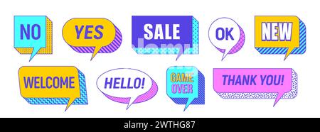 Memphis speech bubbles and message box cloud frames, vector stickers and labels. Chat speech bubbles with Memphis shapes and geometric pattern for Sale, Game Over or Hello and Thank You message clouds Stock Vector