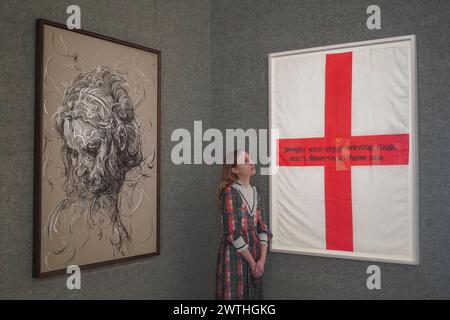 London, UK  18 March March 2024 . L-R GLENN BROWN (B. 1966) The Music of the Mountains 2016( Estimate) £100,000 - £150,000 , BANKSY (B. 1975) People Who Enjoy Waving Flags Don't Deserve To Have One  2003 (Estimate) £200,000 - £300,000. Preview of Bonhams Post-war & Contemporary Art Sale . The sale takes place on 21 March Bonhams  New Bond Street. Credit: amer ghazzal/Alamy Live News Stock Photo