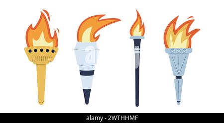 Flaming torches set isolated on white background. Vector flat illustration. Stock Vector