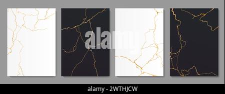Golden Kintsugi cracks and floor marble tile texture patterns, vector backgrounds. Broken marble with gold foil effect of crackles in black and white stone, Kintsugi or Kintsukuroi ceramic cracks art Stock Vector