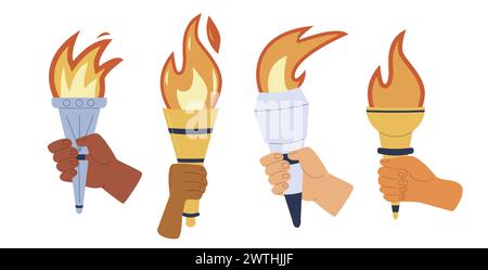 Flaming torches in hands set isolated on white background. Symbol of sport, games, victory and champion competition with different people race palm. V Stock Vector