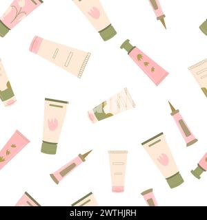 Lotion an moisturizing face skincare seamless pattern. Beauty products endless background. Skin, body cosmetics bottles, containers and tubes. Flat ve Stock Vector