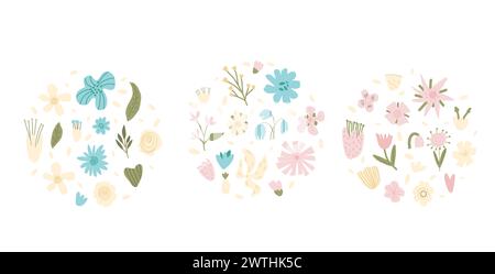 Hand drawn flowers circle composition. Botanical nature spring elements round emblem in doodle style. Modern floral and leaves shapes. Vector illustra Stock Vector