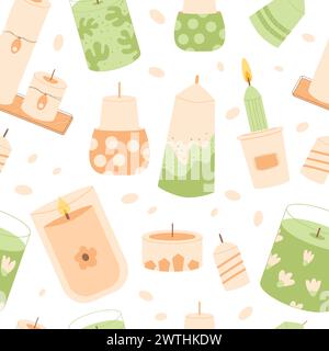 Spa candles seamless pattern. Aroma scented accessories endless background. Home decor items repeat cover. Vector cartoon flat illustration. Stock Vector
