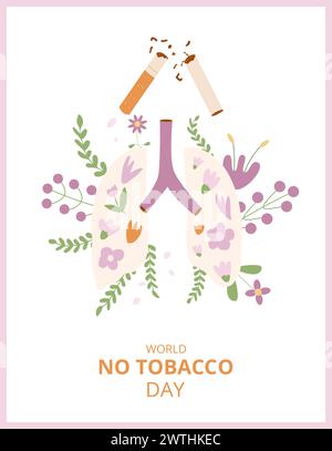 World no tobacco day vertical banner. Stop smoking card. Cigarette and lung with flowers awareness. Vector flat illustration Stock Vector