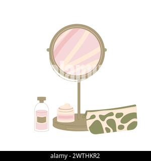 Cosmetics and beauty products daily routine products. Mirror, perfume, makeup bag with moisturizing. Flat vector illustration isolated on white backgr Stock Vector