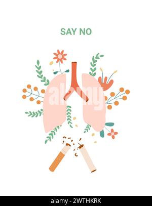 Say no banner. World no tobacco day card. Cigarette and lung with flowers awareness element. National non smoking week. Vector flat illustration. Stock Vector
