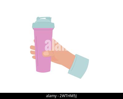 Water bottle in hand. Sport shaker for protein gym. Vector flat illustration isolated on white background. Stock Vector