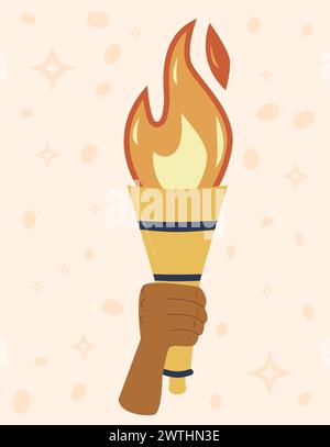 Torch with burning flame in hand banner. Symbol of sport, games, victory and champion competition with human palm. Vector flat illustration. Stock Vector