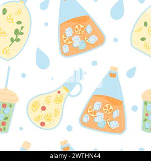 Lemonade and home soft drinks seamless pattern. Glasses and jug bottles of juice with clean aroma beverage endless background. Vector flat illustratio Stock Vector