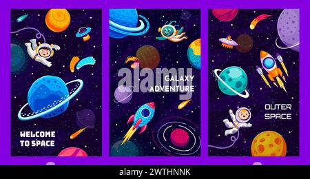 Galaxy space posters with kid astronauts, alien and space rocket in galaxy planets landscape. Cartoon vector vertical cards with interstellar exploration, imaginative playful cosmic adventure and trip Stock Vector