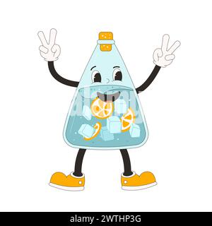 Bottle of water with ice and orange retro cartoon mascot. Home made soft drink rubber hose animation style groovy character. Beverage cute anthropomor Stock Vector