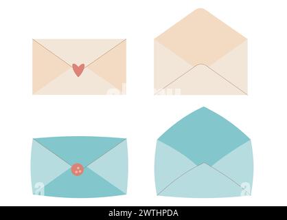 Envelopes set. Message in letters. Closed and opened paper post package isolated on white background. Vector flat illustration. Stock Vector