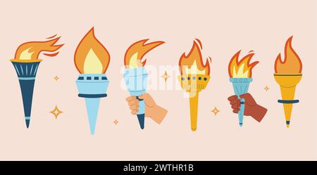 Torches with burning flame in hands set. Symbol of sport, games, victory and champion competition with different holding in palm. Vector flat illustra Stock Vector